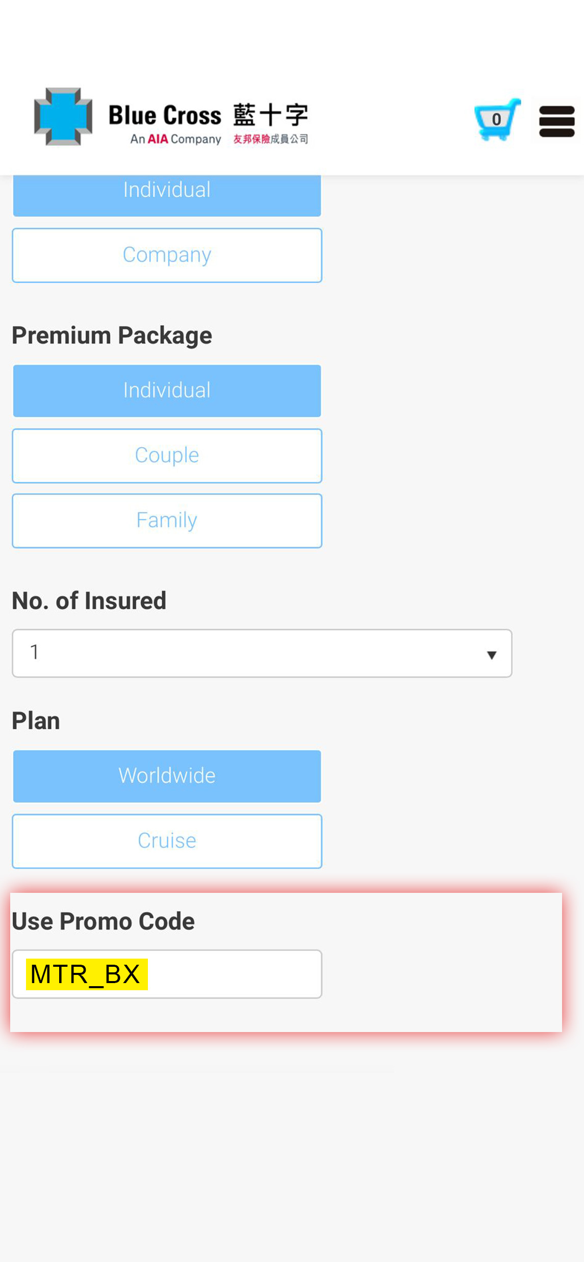 Choose the corresponding Blue Cross insurance product and fill in the required information, and apply promotion code 'MTR_BX' to receive the promotional offer