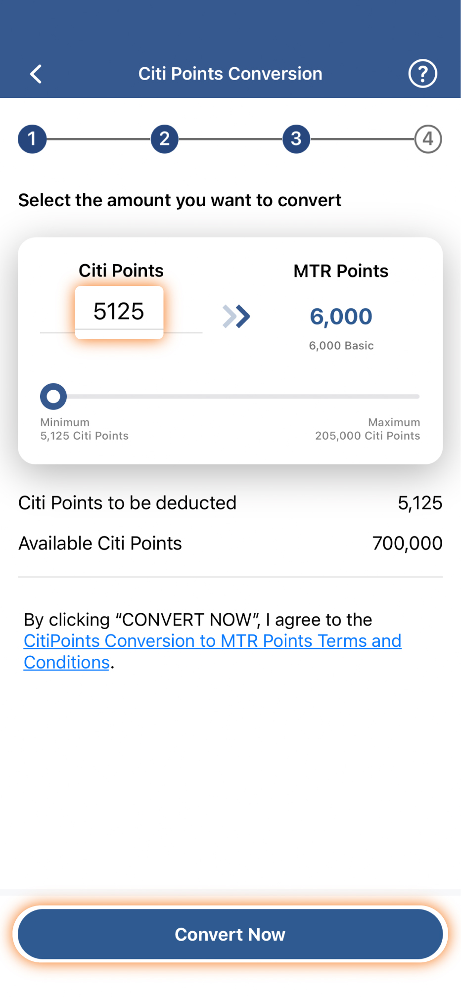 Enter the amount of Citi Points you would like to convert