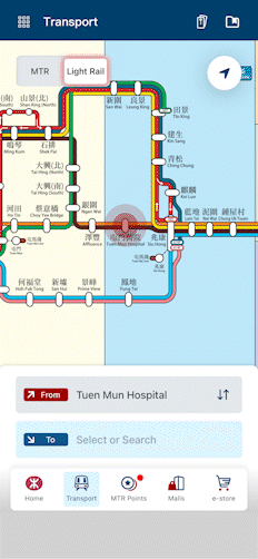 If the searched route is not covered by the MTR network, the function will provide alternative routes using other public transportation and Taxi as Feeder option